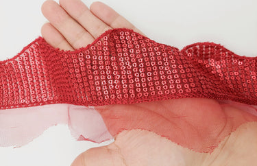 Dark Red Net Scallop Lace Trim With Red Sequins, Decorative Trim, Bohemian Trim